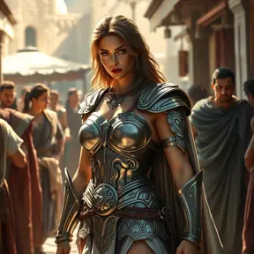 Kassandra in a bustling Greek marketplace, her armor glinting in the sunlight, interacting with various characters, showcasing her charismatic and warrior-like demeanor