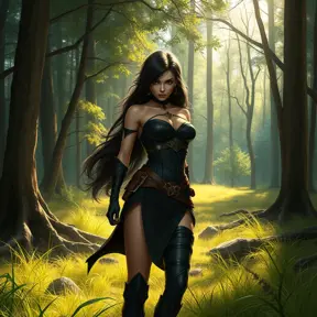 Cassandra Cain in a tranquil forest clearing, the sunlight filtering through the trees, her pose relaxed yet alert.