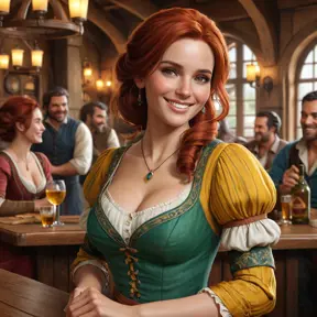 Triss in a bustling tavern, her friendly smile and vibrant dress making her the center of attention among the patrons