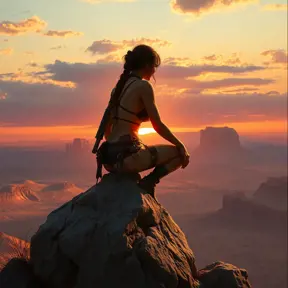 Lara Croft in a moment of solitude, sitting atop a weathered stone, overlooking a vast desert landscape at sunset, her silhouette sharply defined.