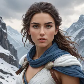 Kassandra in a snowy mountain landscape, her breath visible in the cold air, navigating through treacherous terrain, showcasing her resilience and survival skills