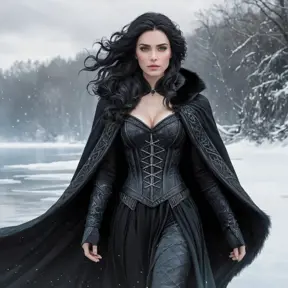 Yennefer in a snowy, winter wonderland, her cloak billowing in the wind as she walks gracefully on a frozen lake