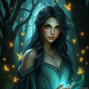 Yennefer in a mystical forest, surrounded by glowing fairies and ancient trees, her eyes reflecting the magical aura