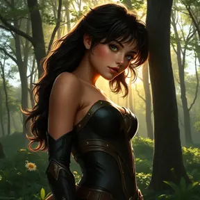 Cassandra Cain in a tranquil forest clearing, the sunlight filtering through the trees, her pose relaxed yet alert.