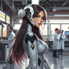 A detailed illustration of A2's backstory, showing her as a young prototype in a high-tech laboratory, with scientists and machinery in the background.