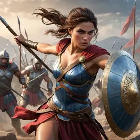 Kassandra in a dramatic battle scene, fighting against a group of Spartan soldiers, her spear and shield in action, emphasizing her skilled combat techniques