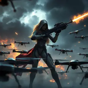 A cinematic scene where A2 is surrounded by a swarm of enemy drones, her weapon drawn, with a dramatic spotlight highlighting her against the dark, stormy sky.