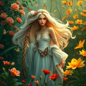 Ciri in a lush garden filled with exotic flowers and fluttering butterflies, her hair flowing gently in the breeze