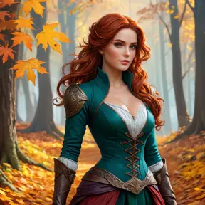 Triss in a vibrant, autumnal forest, her hair matching the fiery colors of the leaves as she walks a leaf-strewn path