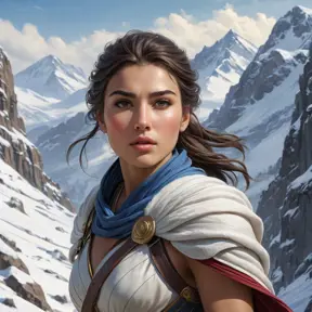 Kassandra in a snowy mountain landscape, her breath visible in the cold air, navigating through treacherous terrain, showcasing her resilience and survival skills