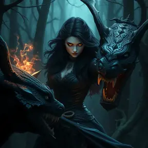 Yennefer in a dark, enchanted forest, her eyes glowing with magical energy as she confronts a mythical creature