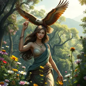 Kassandra in a lush, ancient Greek forest, surrounded by blooming wildflowers, her eagle Ikaros soaring above, capturing the essence of her adventurous spirit