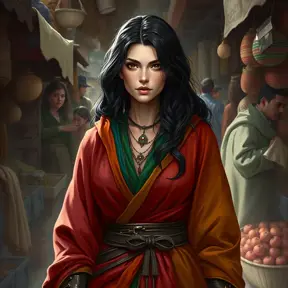 Yennefer in a bustling market, her vibrant robes contrasting with the earthy tones of the vendors, her expression both curious and confident