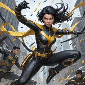 Cassandra Cain in a dynamic pose, mid-leap, surrounded by a flurry of martial arts weapons, her expression focused and intense.