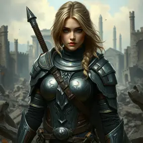 Ciri in a battle-worn armor, standing amidst the ruins of a once-great city, her expression resolute and determined