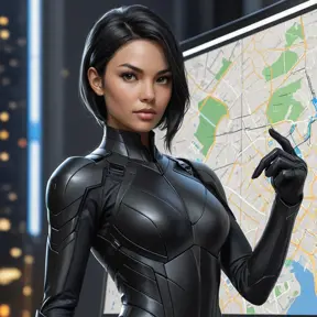 Cassandra Cain, dressed in a sleek, black tactical suit, standing before a digital city map, her hands poised as if ready to strike.