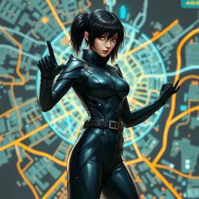 Cassandra Cain, dressed in a sleek, black tactical suit, standing before a digital city map, her hands poised as if ready to strike.