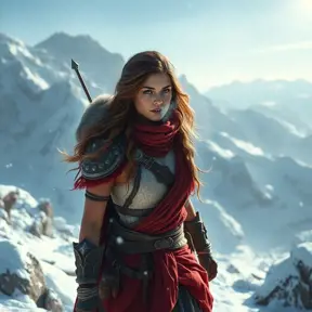 Kassandra in a snowy mountain landscape, her breath visible in the cold air, navigating through treacherous terrain, showcasing her resilience and survival skills