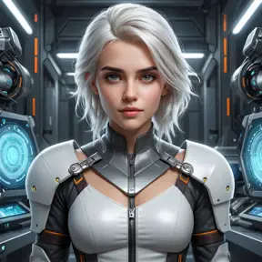 Ciri in a high-tech laboratory, surrounded by futuristic gadgets and glowing screens, her expression curious and intrigued