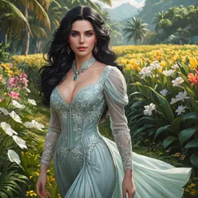 Yennefer in a lush, tropical paradise, her dress light and airy as she walks through a field of flowers