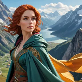 Triss in a high-altitude mountain setting, her cloak fluttering in the wind as she gazes out over a breathtaking vista