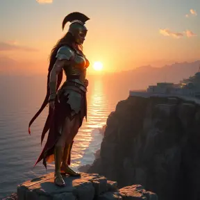 Kassandra from Assassin's Creed, standing atop a cliff overlooking the Aegean Sea, with the sun setting behind her, casting a golden glow on her armor and the waves below