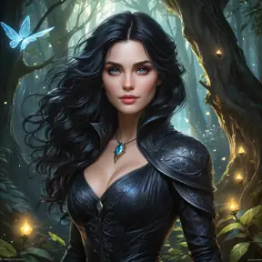 Yennefer in a mystical forest, surrounded by glowing fairies and ancient trees, her eyes reflecting the magical aura