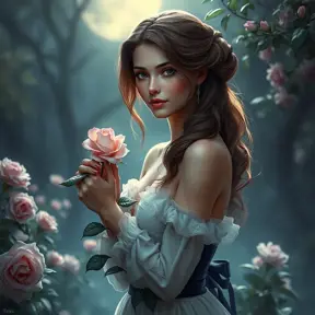 Triss in a serene, moonlit garden, her hands gently touching a blooming rose, the soft light enhancing her natural beauty