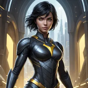 Cassandra Cain in a futuristic battle arena, her body clad in advanced armor, her eyes glowing with a fierce determination.