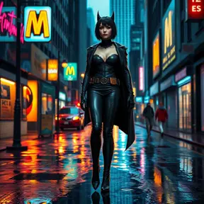 Cassandra Cain in a dramatic, cinematic style, standing on a rain-soaked street, the neon lights of Gotham City reflecting in puddles at her feet.