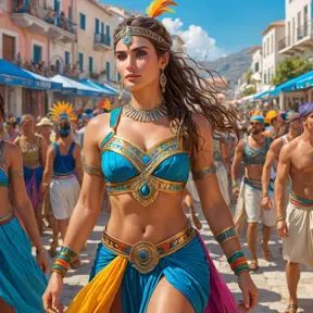 Kassandra in a vibrant, colorful festival in Greece, blending in with the joyous crowd, yet still maintaining her warrior's alertness