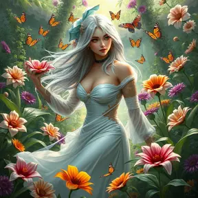 Ciri in a lush garden filled with exotic flowers and fluttering butterflies, her hair flowing gently in the breeze