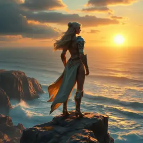 Ciri on a rocky cliff overlooking a vast ocean, the sun setting behind her, casting a golden glow on her armor and the waves below