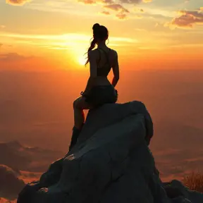 Lara Croft in a moment of solitude, sitting atop a weathered stone, overlooking a vast desert landscape at sunset, her silhouette sharply defined.