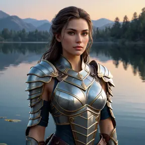 Kassandra on a quiet evening by a serene lake, her armor reflecting the moonlight, creating a peaceful yet powerful portrait of her character