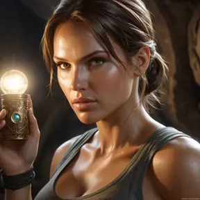 A detailed portrait of Lara Croft examining an ancient artifact, the light from her flashlight casting shadows across her focused face and the intricate relic.