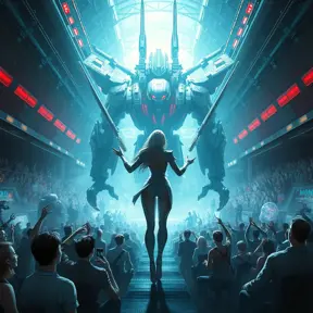 A futuristic battle arena where A2 faces off against a colossal, mechanized enemy, the audience a mix of human and android onlookers, cheering her on.