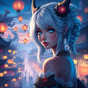 Ciri in a vibrant, magical city at dusk, surrounded by floating lanterns and bustling with mythical creatures, her eyes reflecting the city's lights