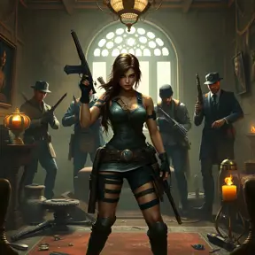 Lara Croft in a tense standoff with a group of mercenaries, her stance defensive, with old-world artifacts and weapons scattered around the room.