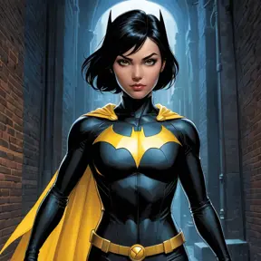 Cassandra Cain in a classic comic book style, rendered in vibrant colors, standing in a dark alley with a single beam of light highlighting her determined face.