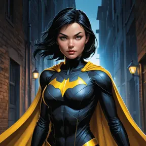 Cassandra Cain in a classic comic book style, rendered in vibrant colors, standing in a dark alley with a single beam of light highlighting her determined face.