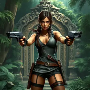 Lara Croft in a classic adventure pose, her iconic dual pistols drawn, standing before an ancient, ornate temple entrance hidden in a dense jungle.