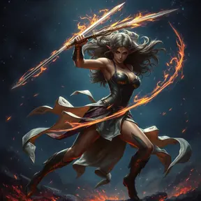 Kassandra in a dramatic night battle under the stars, her movements illuminated by sparks from her weapons, capturing her fierce and dynamic fighting style