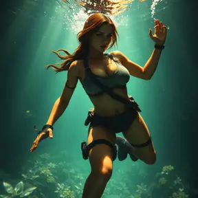 A cinematic shot of Lara Croft swimming underwater, her athletic form highlighted, exploring the submerged ruins of a lost city.