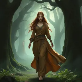 Triss in a misty, enchanted forest, her robes flowing as she walks among ancient trees, her eyes sparkling with magical knowledge