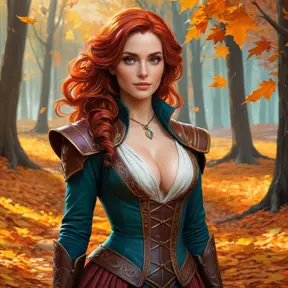 Triss in a vibrant, autumnal forest, her hair matching the fiery colors of the leaves as she walks a leaf-strewn path