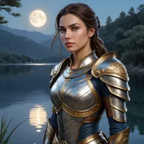 Kassandra on a quiet evening by a serene lake, her armor reflecting the moonlight, creating a peaceful yet powerful portrait of her character