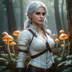 Ciri from The Witcher 3, standing in a misty forest with glowing mushrooms and ancient trees, her silver hair shimmering under the soft light filtering through the leaves