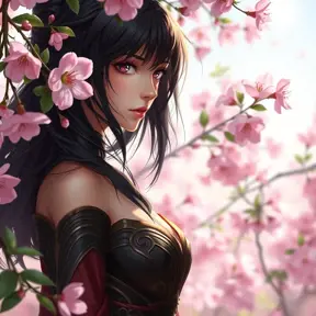 Cassandra Cain, depicted in a serene garden with blooming cherry blossoms, her eyes reflecting the soft pink petals, a gentle breeze lifting her raven hair.