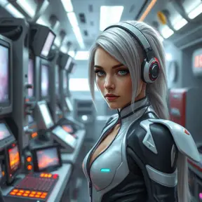 Ciri in a high-tech laboratory, surrounded by futuristic gadgets and glowing screens, her expression curious and intrigued